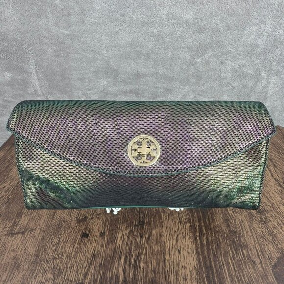 Tory Burch Austin Flap Clutch Bag Green Purple Iridescent Metallic Galaxy Cyber - Picture 14 of 14